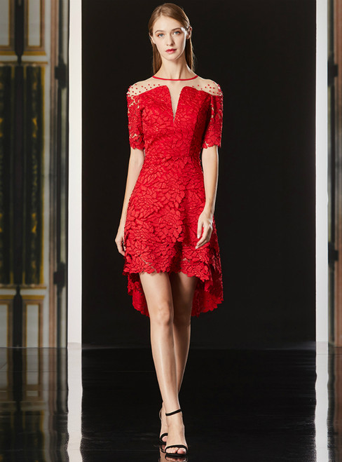 A-Line Hi Lo Red Lace Short Sleeve Mother Of The Bride Dress With Beading