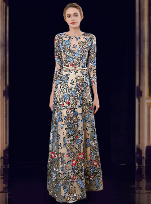 Elegant champagne tulle A-line floor-length mother of the bride dress with scoop neckline, 3/4 sleeves, and beautiful embroidery details.