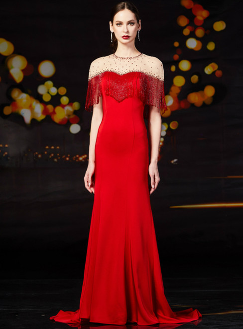 Red Mermaid Satin Cap Sleeve Beading Mother Of The Bride Dress With Beading