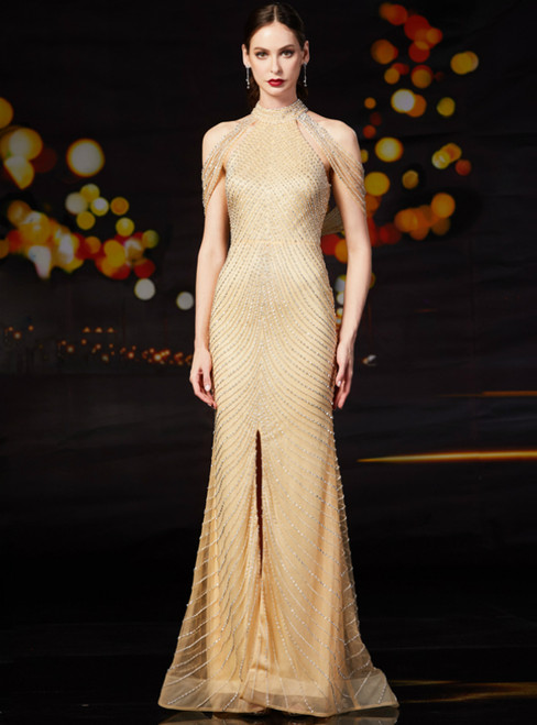 Gold Mermaid Tulle High Neck Mother of the Bride Dress With Beading