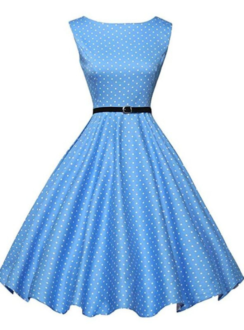 Ready To Ship Blue Boatneck Sleeveless Vintage Tea Dress With Belt