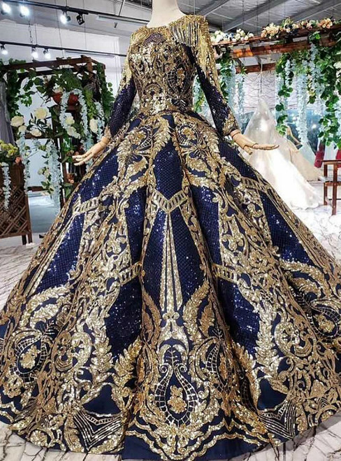 Navy Blue Sequins And Gold Sequins Long Sleeve Hand Beading Crystal Luxury Wedding Dress