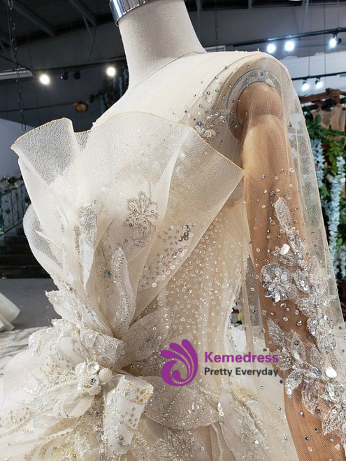 Luxury Tulle Sequins Long Sleeve Backless Beading Wedding Dress main image 0