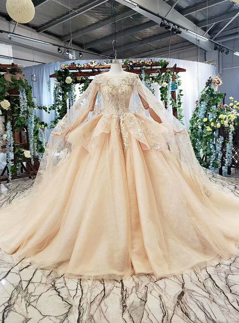 Champagne Tulle Appliques Backless Beading Luxury Wedding Dress With Shawl