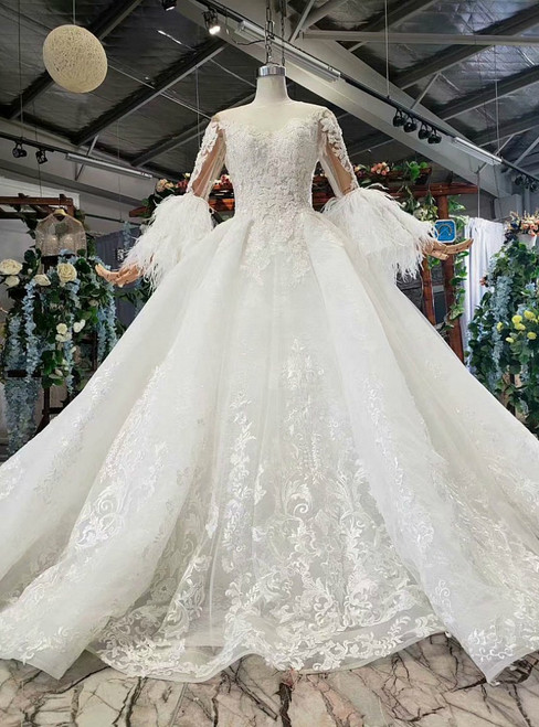 White Ball Gown Tulle Lace Appliques Backless Luxury Wedding Dress With Feather Sleeve