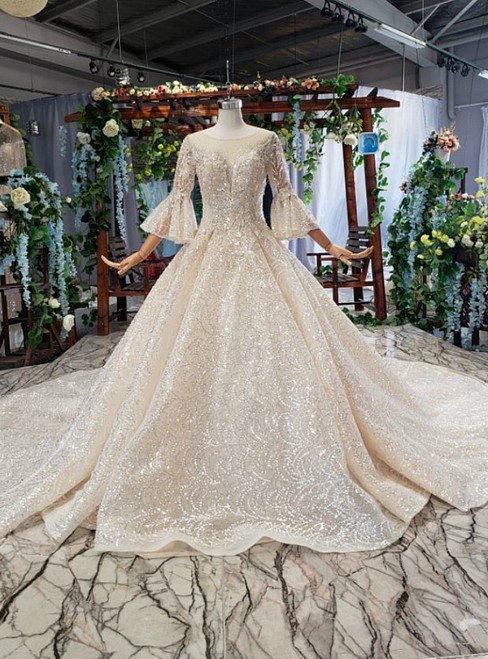 Bling Bling Sequins Long Sleeve Appliques Luxury Champagne Wedding Dress