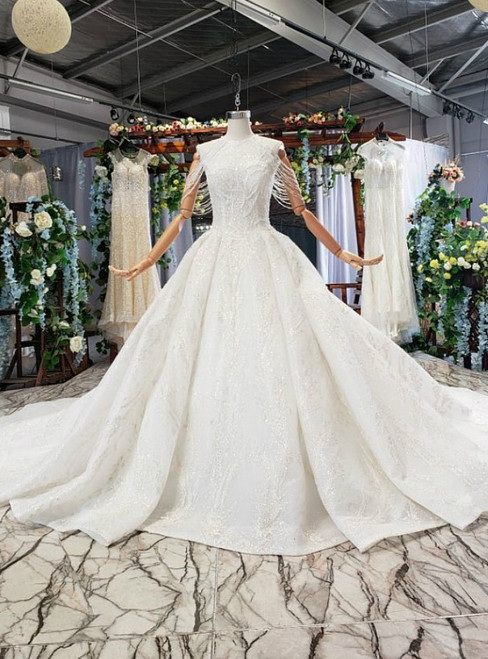 Ivory White Tulle Appliques Sequins Beading Luxury Wedding Dress With Long Train