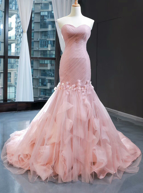 Pink Mermaid Tulle Sweetheart Pleats Appliques Prom Dress