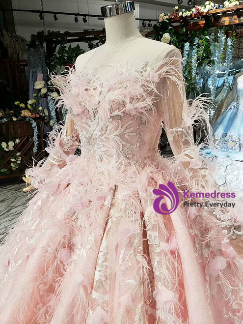 Pink Ball Gown Tulle Appliques Long Sleeve Luxury Wedding Dress With ...