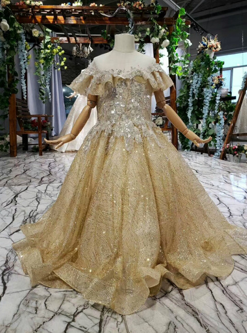 Gold Ball Gown Sequins Tulle open Back Appliques Flower Girl Dress