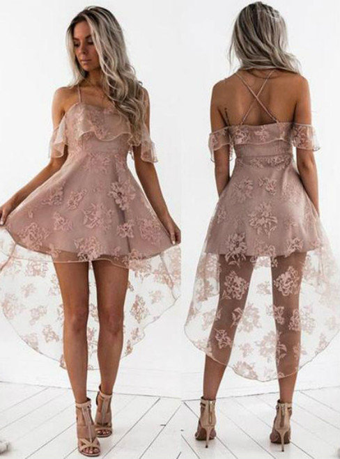 Dusty Pink Homecoming Dresses Ruffles Sheer Layer Short Prom Dresses