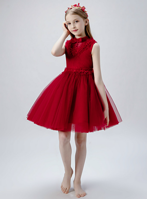 Burgundy Tulle High Neck Short Flower Girl Dress