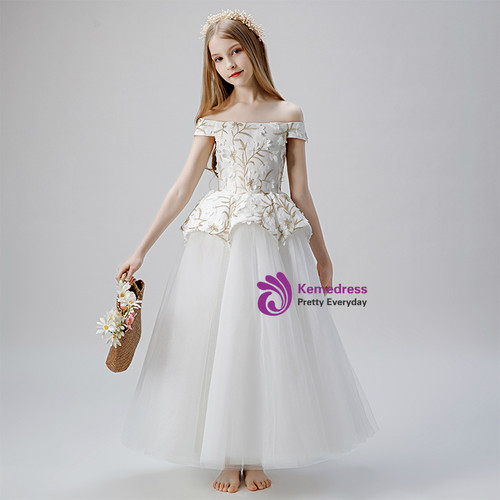 High Low Gorgeous Off the Shoulder With Lace Appliques Sleeveless Tulle Flower Girl Dresses UF071