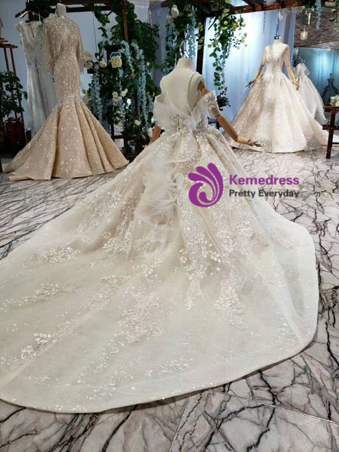Tiered Tulle V-neck Long Flower Girl Ball Gown Champagne