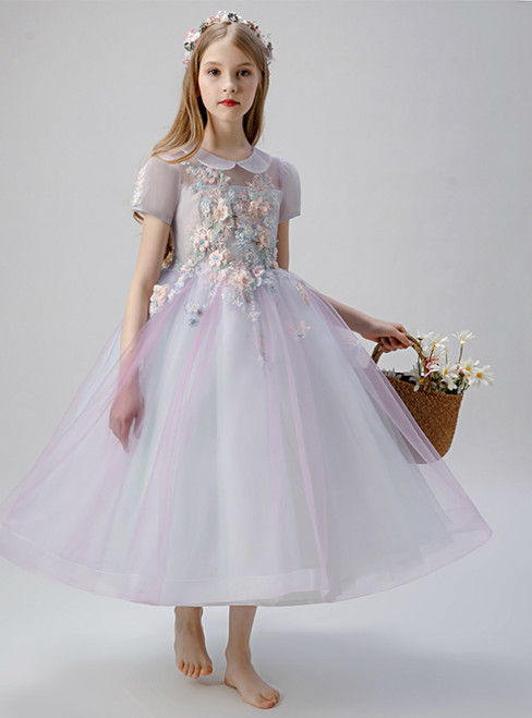 Purple Tulle Short Sleeve Appliques Flower Girl Dress