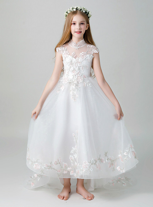 White Tulle Embroidery Appliques Flower Girl Dress