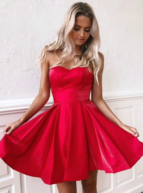 A-Line Simple Red Satin Sweetheart Sleeveless Short Homecoming Dress
