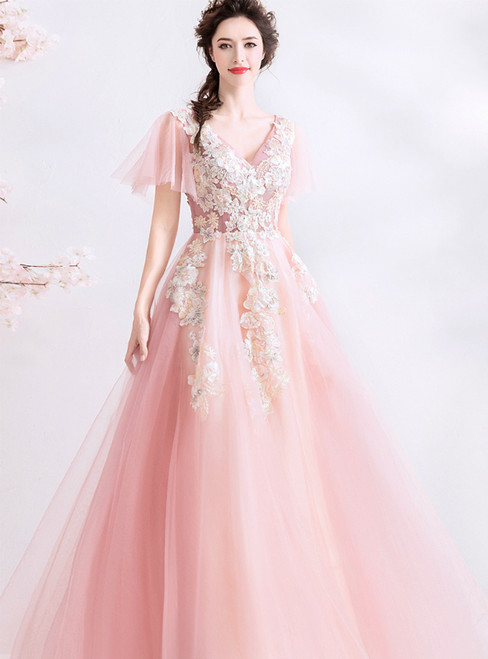 In Stock:Ship in 48 Hours Pink V-neck Tulle Embroidery Appliques Prom Dress