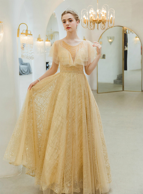 In Stock:Ship in 48 Hours Yellow Tulle Sequins Prom Dress