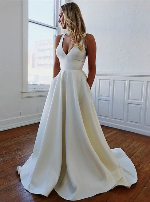 White Satin V-neck Short Sleeve Backless Wedding Dress With Bow