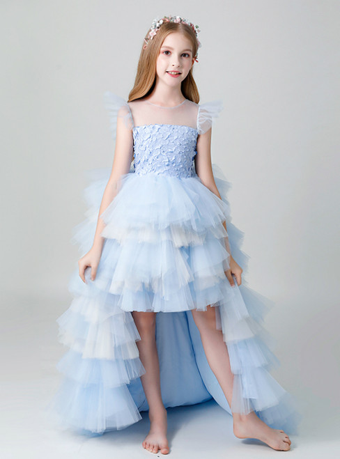 Blue Tulle Hi Lo Appliques Flower Girl Dress