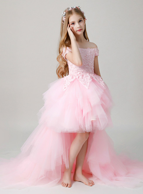 Pink Hi Lo Appliques Off the Shoulder Flower Girl Dress