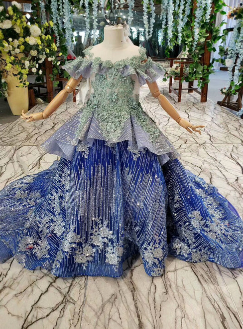 Royal Blue Ball Gown Sequins Green Beading Appliques Flower Girl Dress