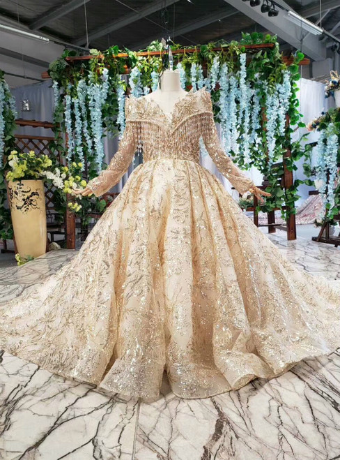Champagne Gold Tulle Sequins Long Sleeve Flower Girl Dress With Beading
