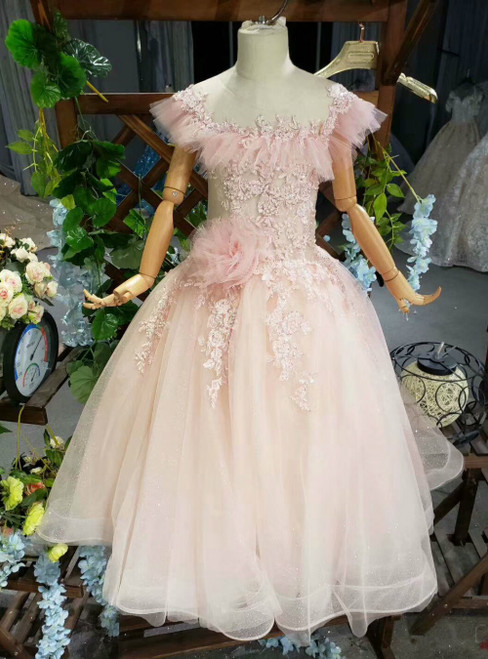 A-Line Pink Tulle Appliues Beading Sequins Backless Flower Girl Dress