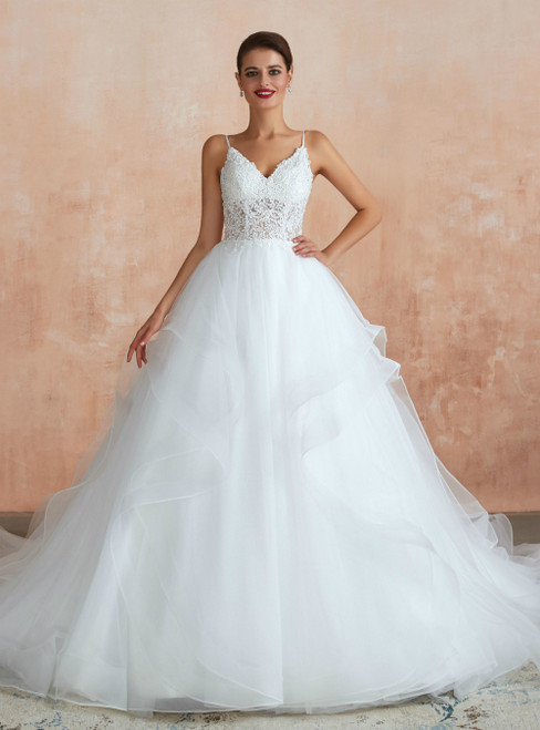 White Ball Gown Tulle Appliques Spaghetti Straps Wedding Dress