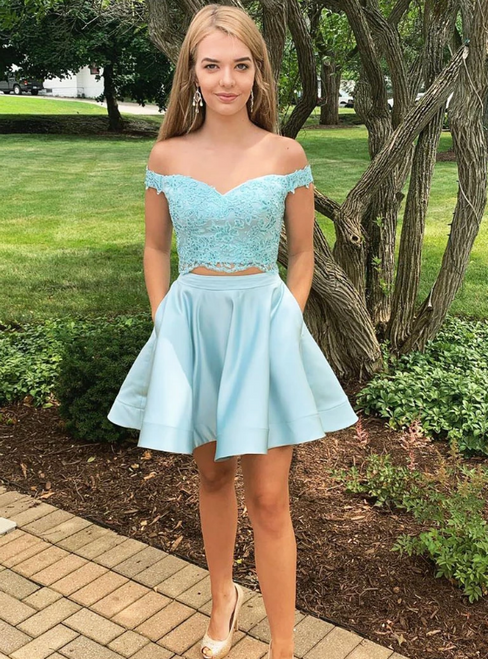 A-Line Blue Satin Two Piece Off the Shoulder Beading Homecoming Dress