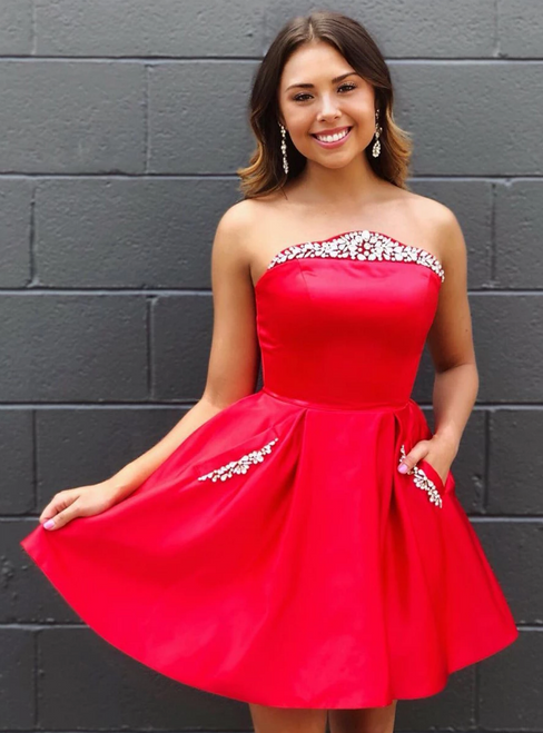 Red Satin Strapless Crystal Homecoming Dress With Pocket