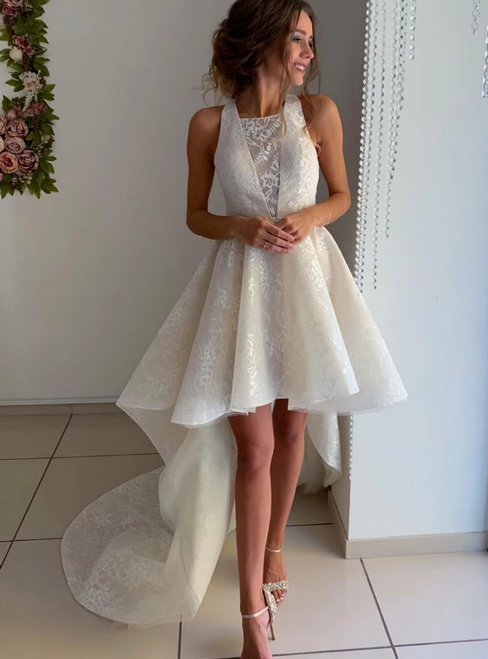 A-Line Hi Lo Lace Ivory Color Backless Short Wedding Dress