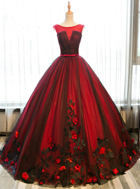Red And Black Tulle Appliques Backless Princess Quinceanera Dresses Red And Black Tulle Appliques Backless Princess Quinceanera Dresses