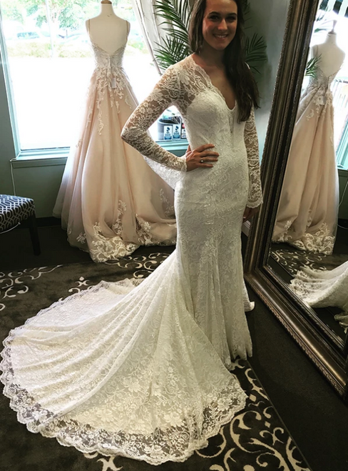 Sexy White Mermaid Lace V-neck Long Sleeve Wedding Dress