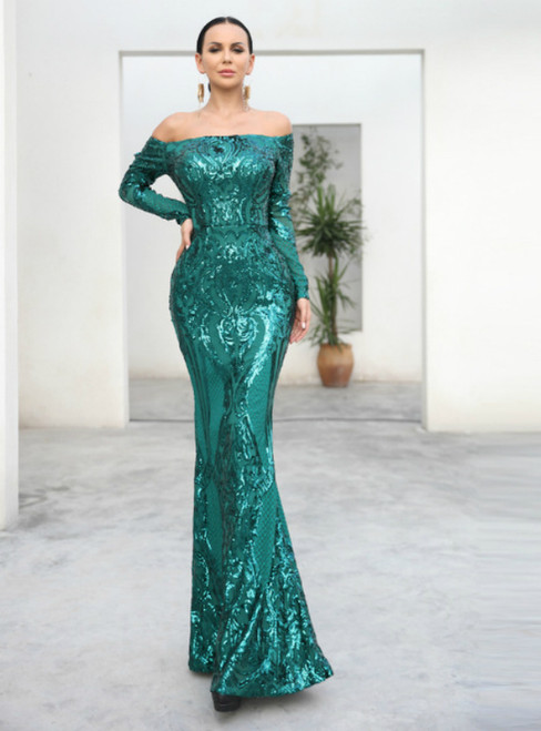 In Stock:Ship in 48 Hours Sexy Green Mermaid Sequins Off the Shoulder Party Dress
