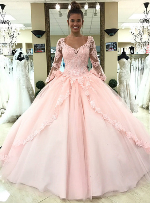 Pink Ball Gown Lace Tulle Long Sleeves Backless Quinceanera Dress