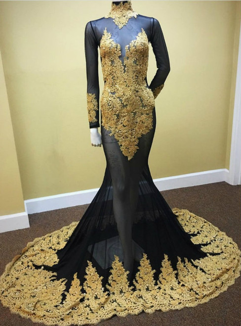 Cheap prom dresses 2017 Long Sleeves Black Mermaid Prom Dress with Gold Appliques