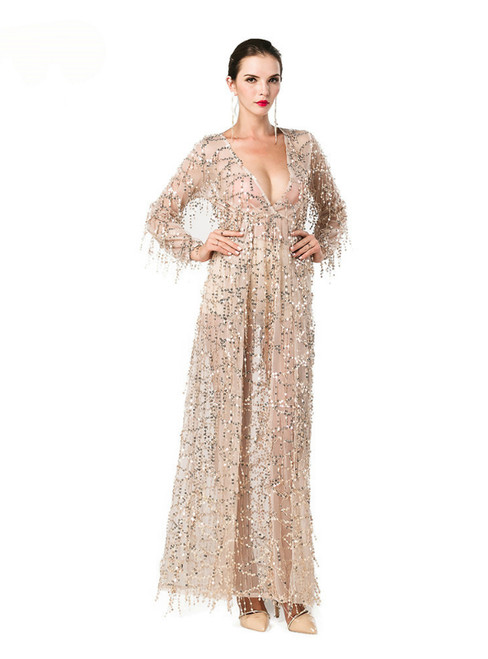 In Stock:Ship in 48 Hours Gold Deep V-neck Sequins Long Sleeve Party Dress