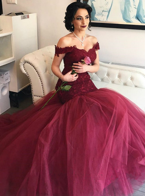 Cheap prom dresses 2017 burgundy prom dress Lace Prom Dresses Mermaid Prom Gowns