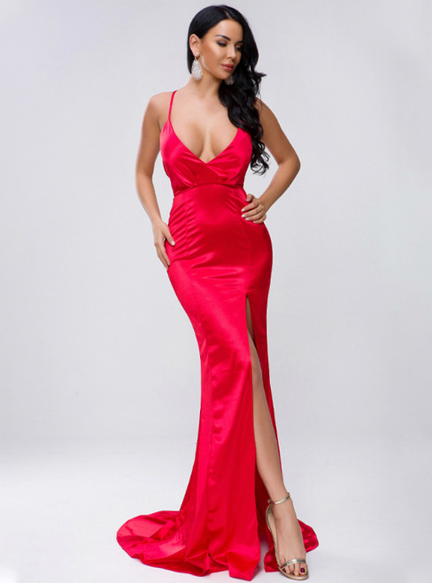 In Stock:Ship in 48 Hours Red Mermaid Deep V-neck Backless Party Dress