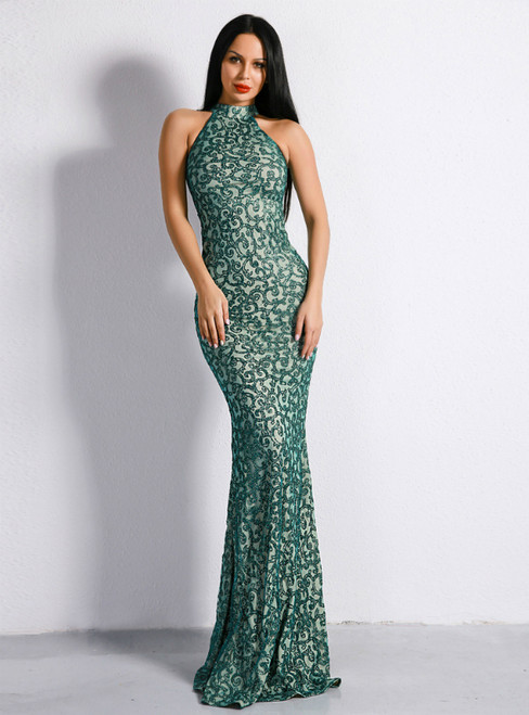 In Stock:Ship in 48 Hours Green Sequins Halter Party Dress