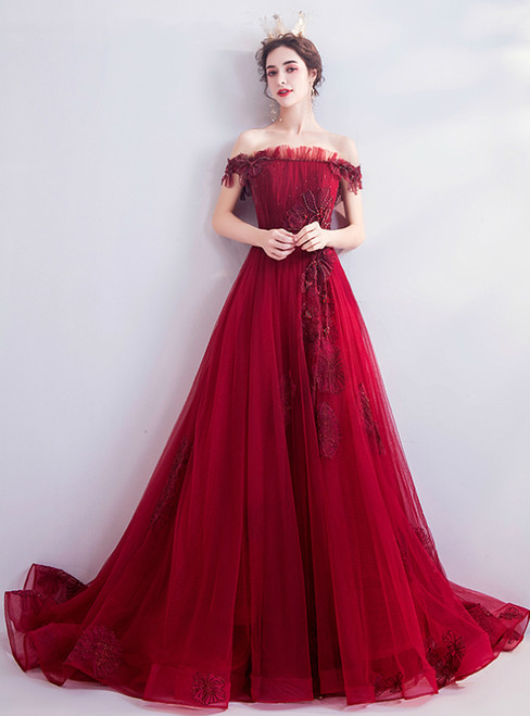 In Stock:Ship in 48 Hours Dark Red Tulle Off the Shoulder Pleats Prom Dress