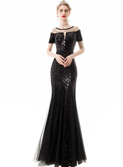 In Stock:Ship in 48 Hours Black Mermaid Sequins Tulle Short Sleeve Prom Dress