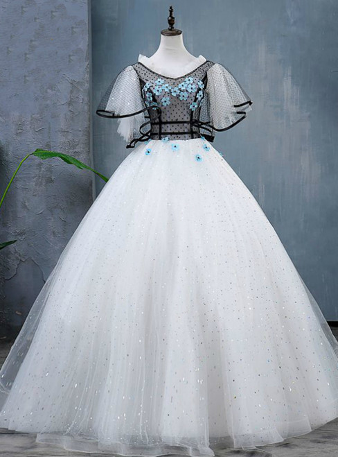 White Ball Gown Tulle Sequins Appliques Quinceanera Dresses 