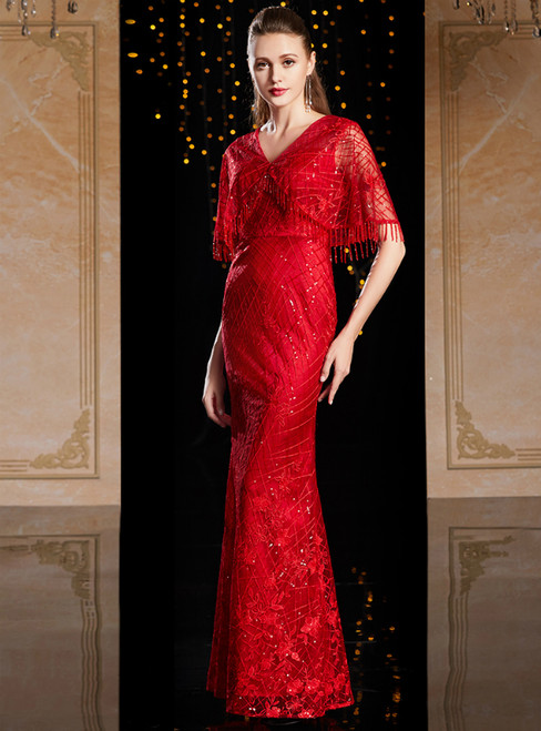 Red V-neck Tulle Embroidery Beading Mother Of The Bride Dress