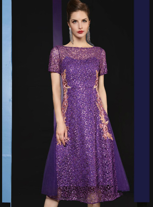 A-Line Purple Sequins Lace Short Sleeve Embroidery Mother Of The Bride Dress