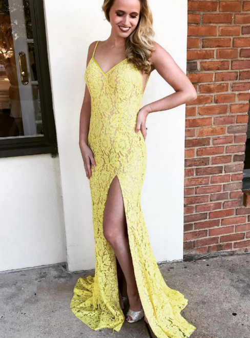 Yellow Spaghetti Straps V Neck Backless Prom Dresses With Side Split
