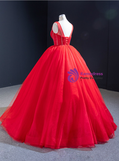 Red Ball Gown Tulle See Through V-neck Backless Beading Prom Dress