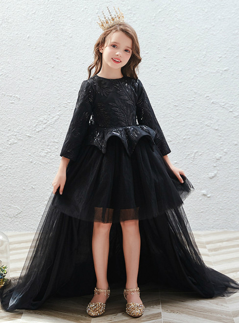 Black Hi Lo Tulle Sequins Long Sleeve Flower Girl Dress